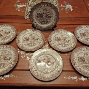 Royal Stafford England 8 Luncheon Plates Stage Coach Scene